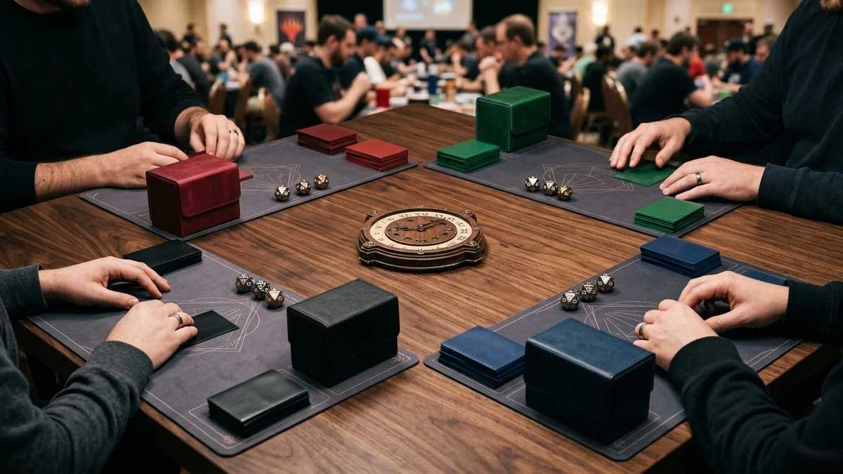 High-stakes tabletop Commander setup for 5-bracket pod calibration, turn-order tracking, and Rule 0 alignment