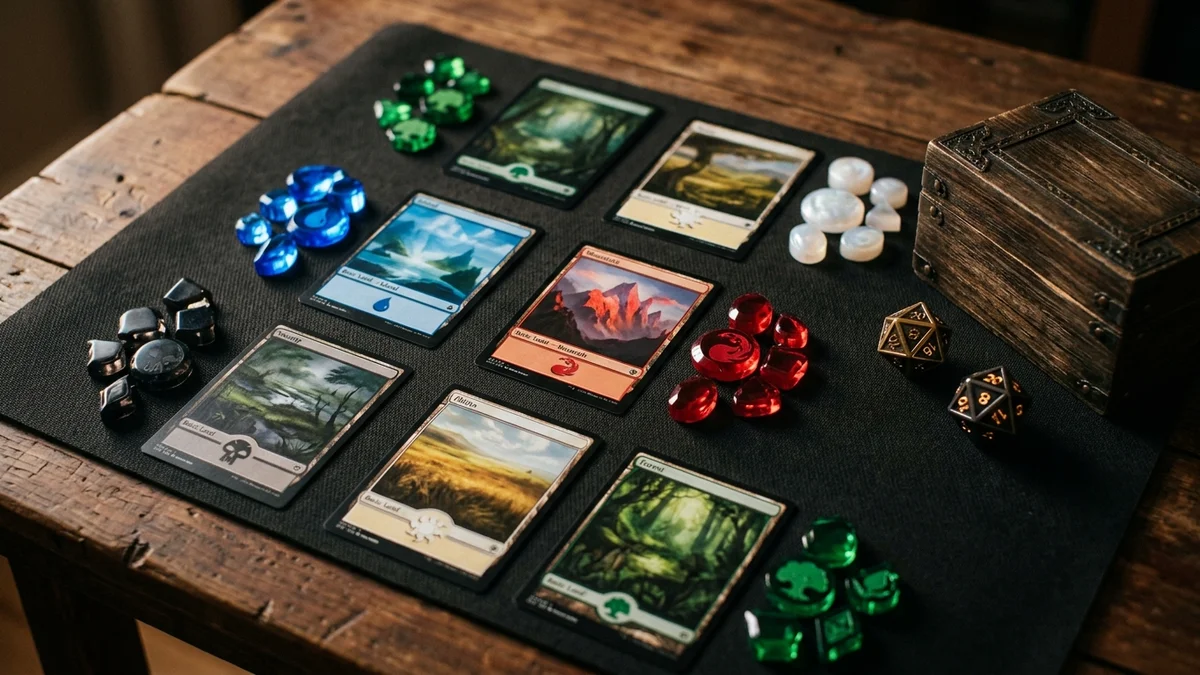 Tabletop mana base calibration setup featuring basic lands, colored mana gems, spindown dice, and deck box