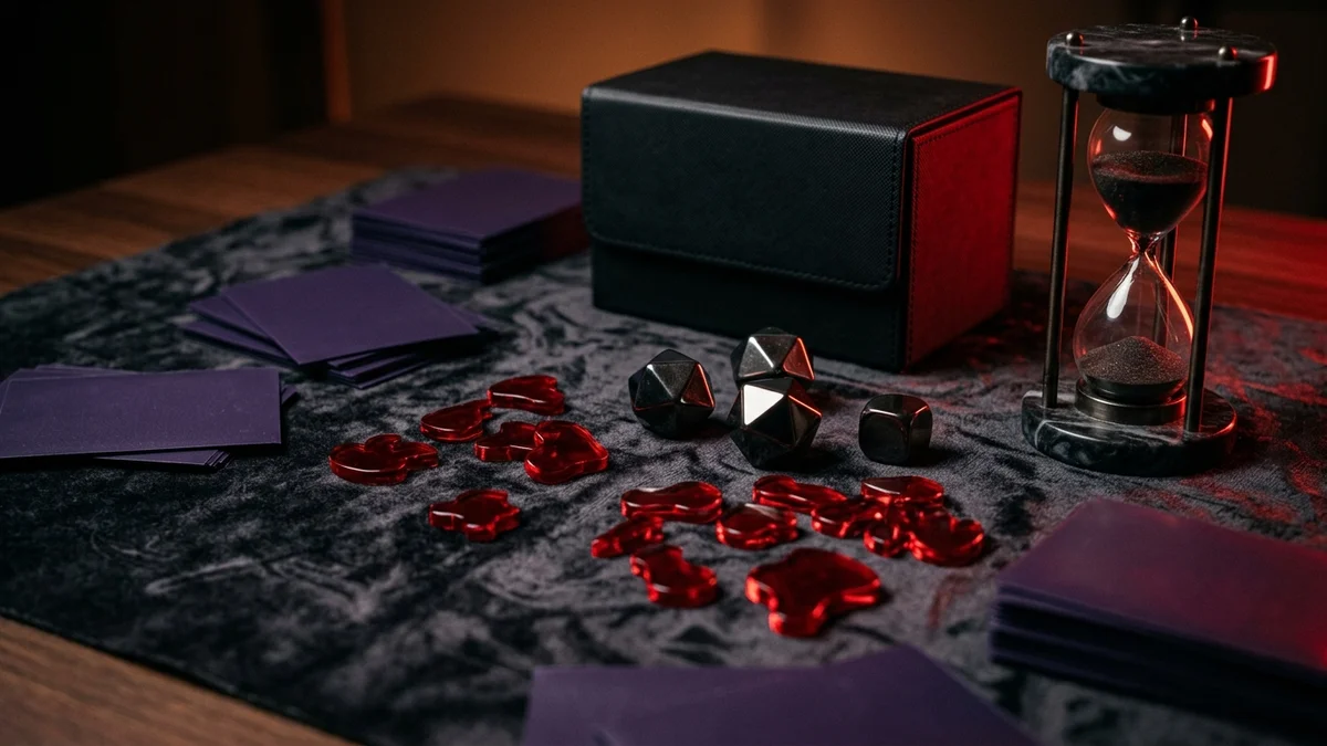 Tabletop Commander salt calibration setup featuring dark velvet playmat, acrylic threat counters, spindown dice, and hourglass
